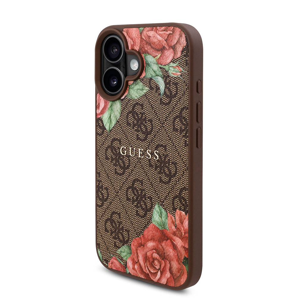 Apple iPhone 16 Plus Kılıf Guess Orjinal Lisanslı M-safe Şarj Özellikli Gül Baskılı 4G Desenli Yazı Logolu Kapak Siyah