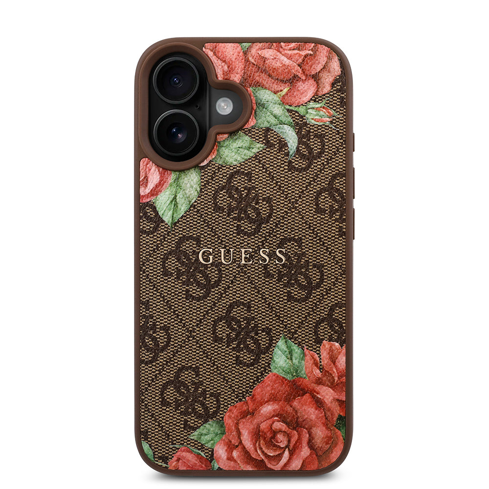 Apple iPhone 16 Plus Kılıf Guess Orjinal Lisanslı M-safe Şarj Özellikli Gül Baskılı 4G Desenli Yazı Logolu Kapak Siyah
