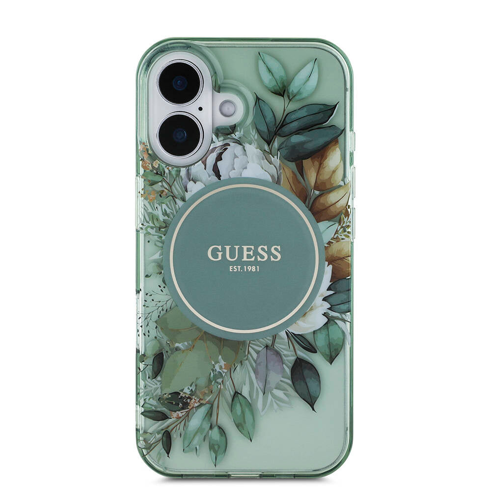 Apple iPhone 16 Plus Kılıf Guess Orjinal Lisanslı M-safe Şarj Özellikli IML Baskılı Çiçek İnci Bileklikli Kapak Pembe