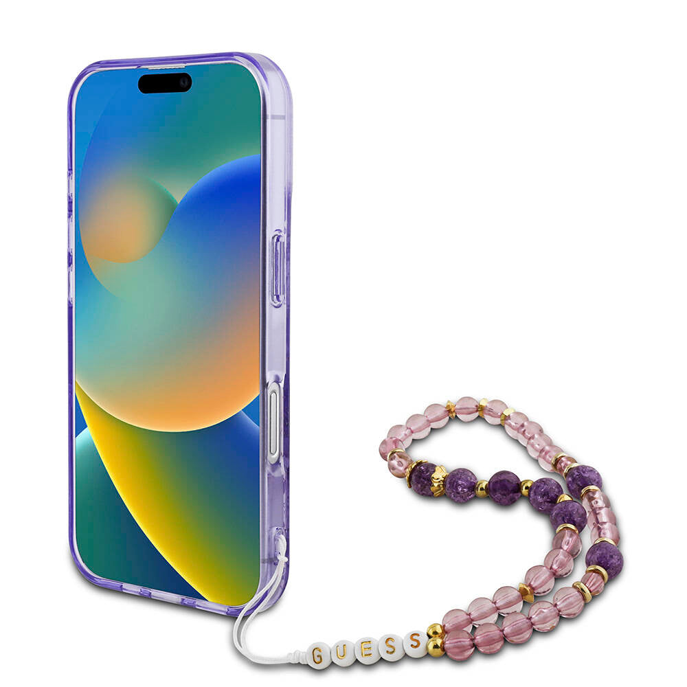 Apple iPhone 16 Plus Kılıf Guess Orjinal Lisanslı M-safe Şarj Özellikli IML Baskılı Çiçek İnci Bileklikli Kapak Pembe