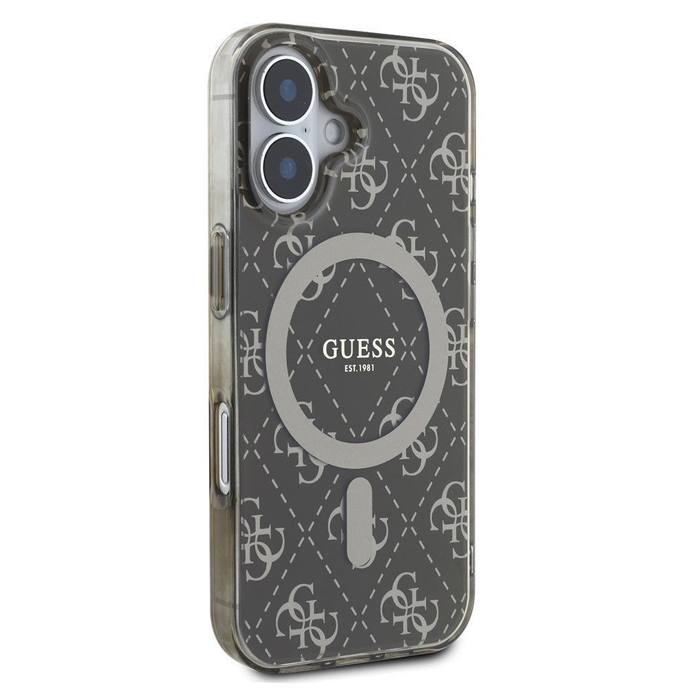 Apple iPhone 16 Plus Kılıf Guess Orjinal Lisanslı M-safe Şarj Özellikli IML Baskılı Klasik Logolu 4G Desenli Kapak Kahverengi