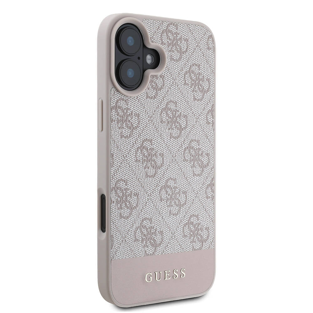 Apple iPhone 16 Plus Kılıf Guess Orjinal Lisanslı M-safe Şarj Özellikli PU Deri Şerit Logo Dizaynlı Kapak Pembe