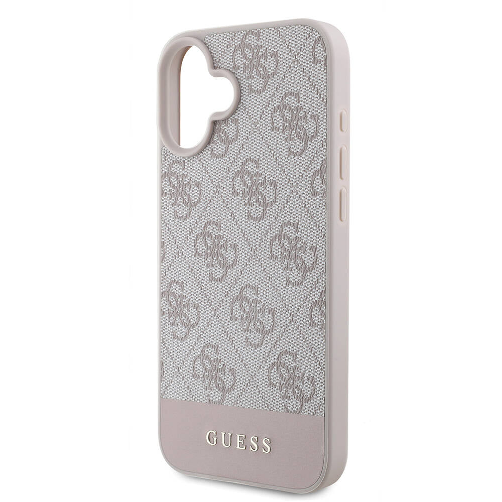 Apple iPhone 16 Plus Kılıf Guess Orjinal Lisanslı M-safe Şarj Özellikli PU Deri Şerit Logo Dizaynlı Kapak Pembe