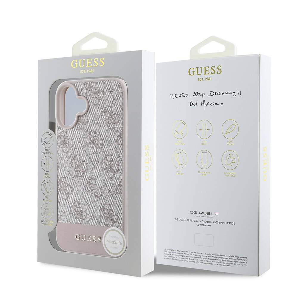 Apple iPhone 16 Plus Kılıf Guess Orjinal Lisanslı M-safe Şarj Özellikli PU Deri Şerit Logo Dizaynlı Kapak Kahverengi