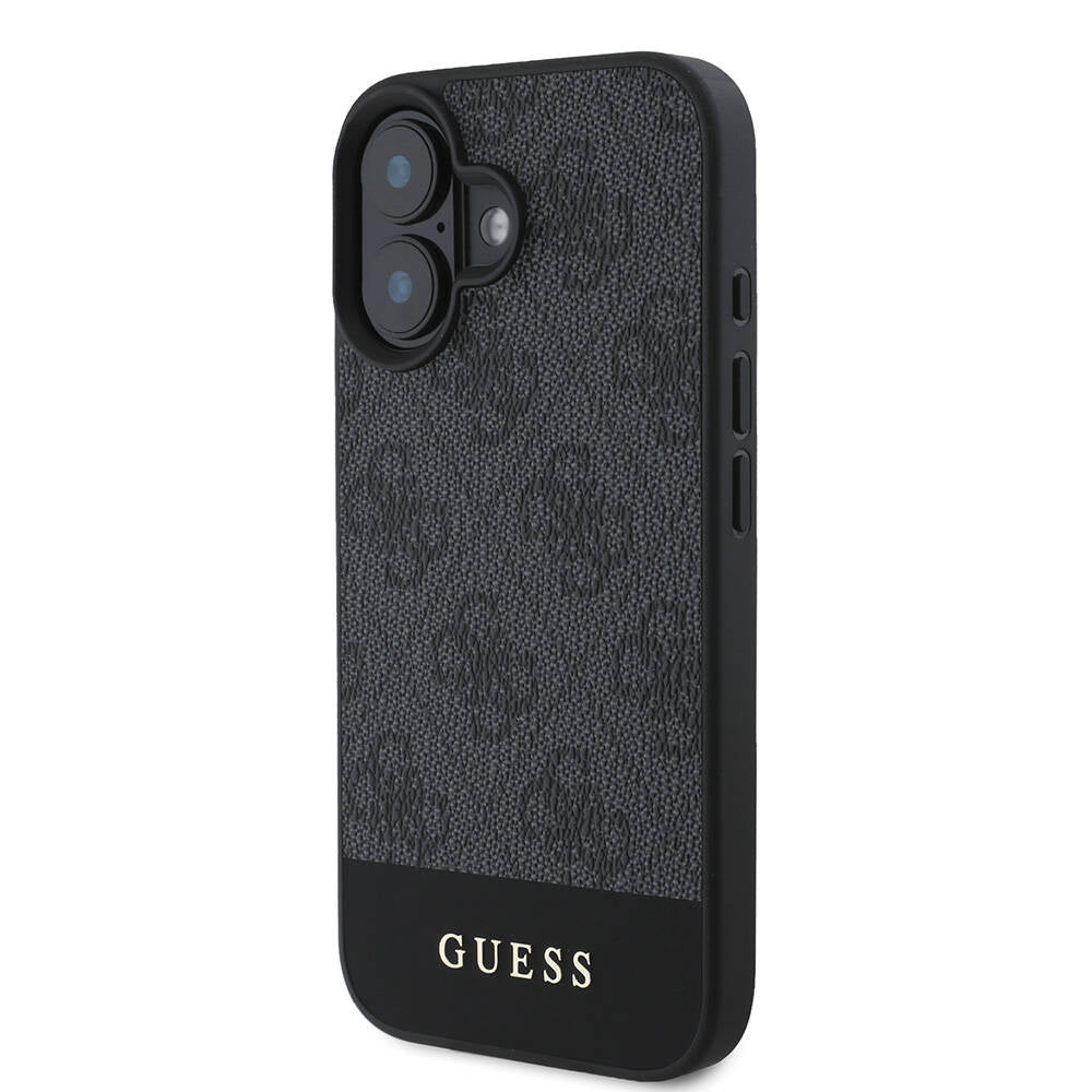 Apple iPhone 16 Plus Kılıf Guess Orjinal Lisanslı M-safe Şarj Özellikli PU Deri Şerit Logo Dizaynlı Kapak Kahverengi