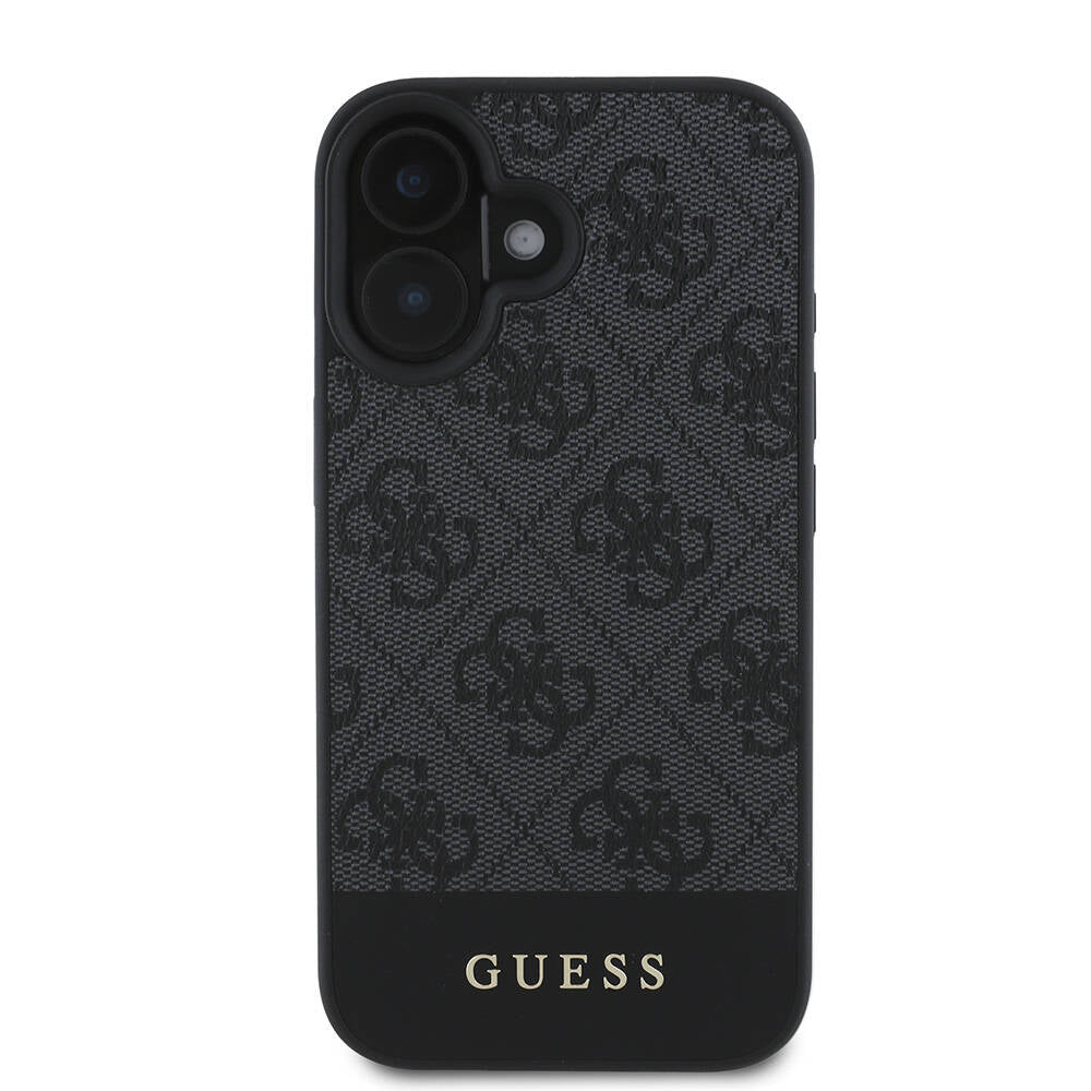 Apple iPhone 16 Plus Kılıf Guess Orjinal Lisanslı M-safe Şarj Özellikli PU Deri Şerit Logo Dizaynlı Kapak Kahverengi