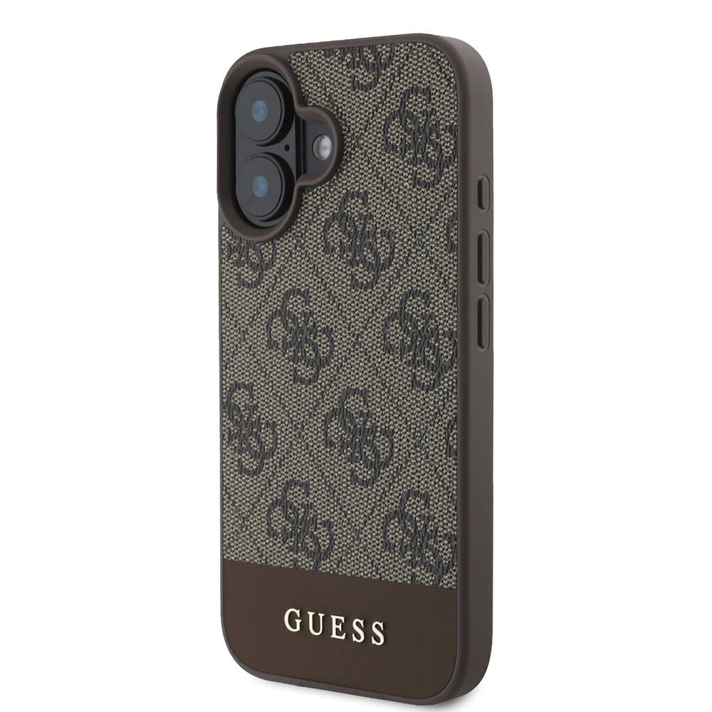 Apple iPhone 16 Plus Kılıf Guess Orjinal Lisanslı M-safe Şarj Özellikli PU Deri Şerit Logo Dizaynlı Kapak Pembe