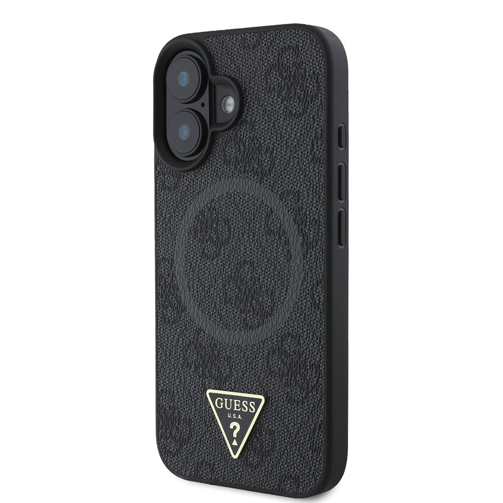 Apple iPhone 16 Plus Kılıf Guess Orjinal Lisanslı M-safe Şarj Özellikli PU Üçgen Logo 4G Desenli Kapak Siyah
