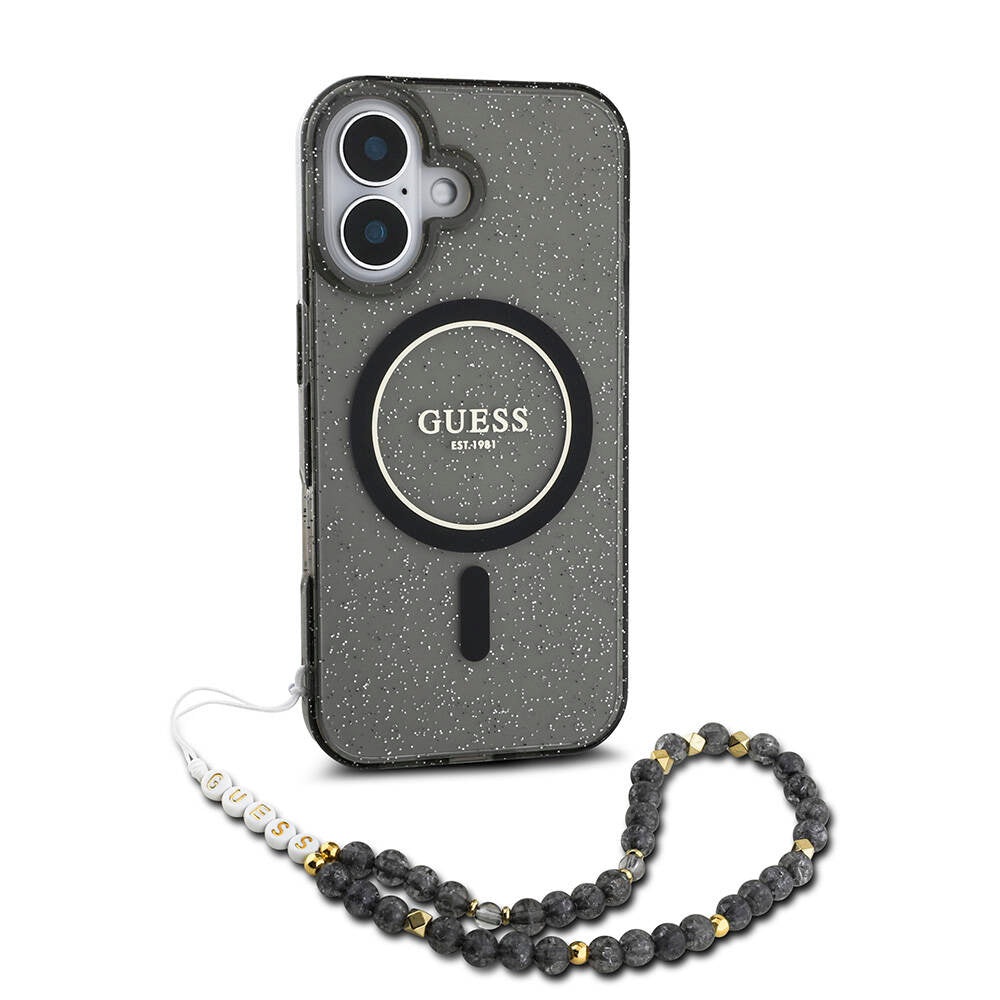 Apple iPhone 16 Plus Kılıf Guess Orjinal Lisanslı M-safe Şarj Özellikli Simli Silikon İnci Bileklikli Kapak Pembe