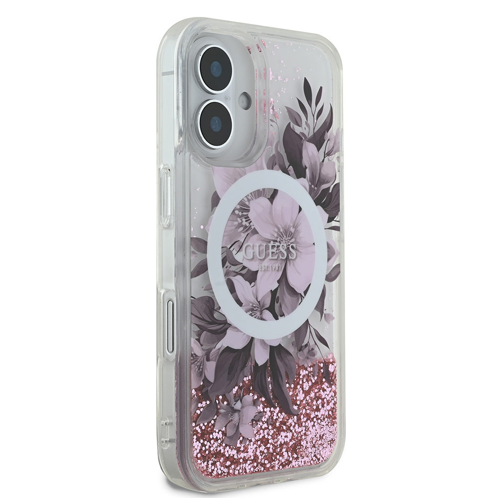 Apple iPhone 16 Plus Kılıf Guess Orjinal Lisanslı M-safe Şarj Özellikli Sıvılı Simli Çiçek Desenli Kapak Mor