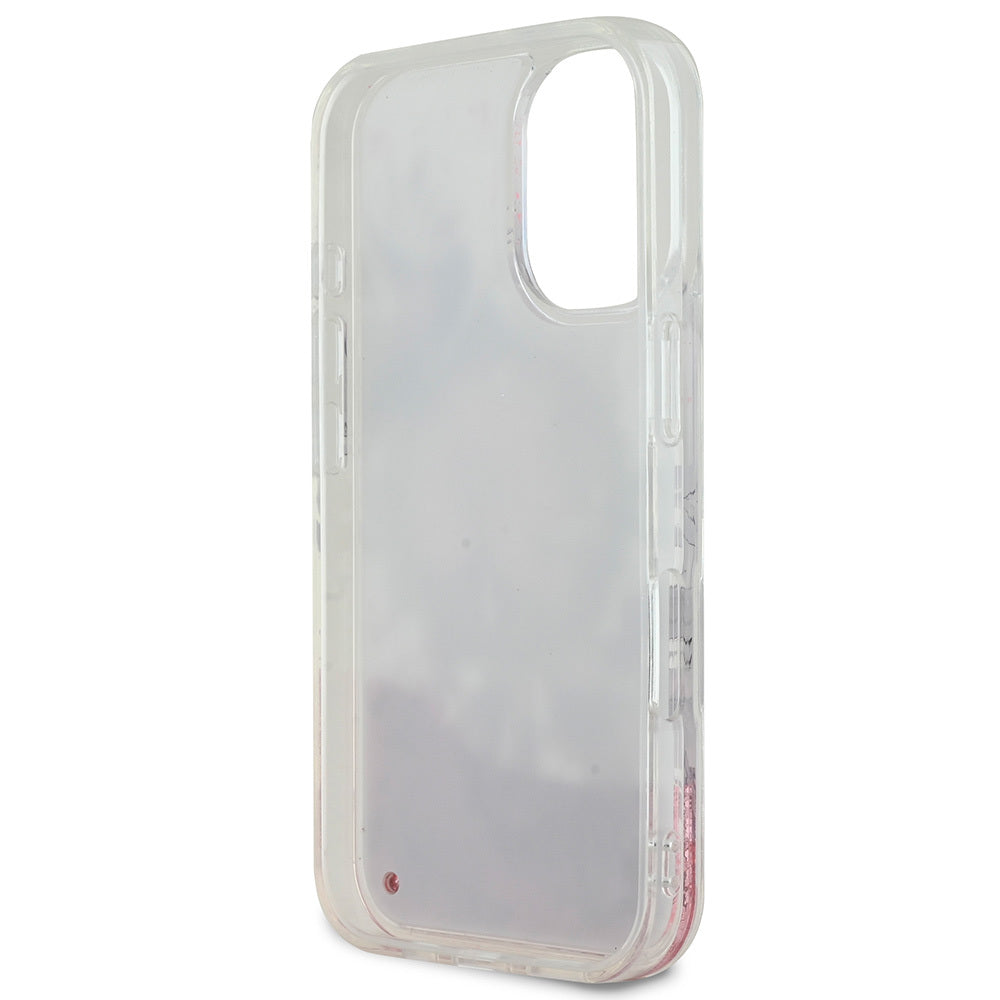 Apple iPhone 16 Plus Kılıf Guess Orjinal Lisanslı M-safe Şarj Özellikli Sıvılı Simli Çiçek Desenli Kapak Bej