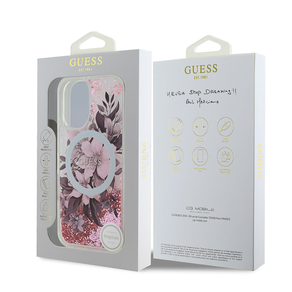 Apple iPhone 16 Plus Kılıf Guess Orjinal Lisanslı M-safe Şarj Özellikli Sıvılı Simli Çiçek Desenli Kapak Mor