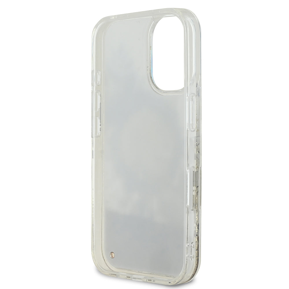 Apple iPhone 16 Plus Kılıf Guess Orjinal Lisanslı M-safe Şarj Özellikli Sıvılı Simli Çiçek Desenli Kapak Pembe
