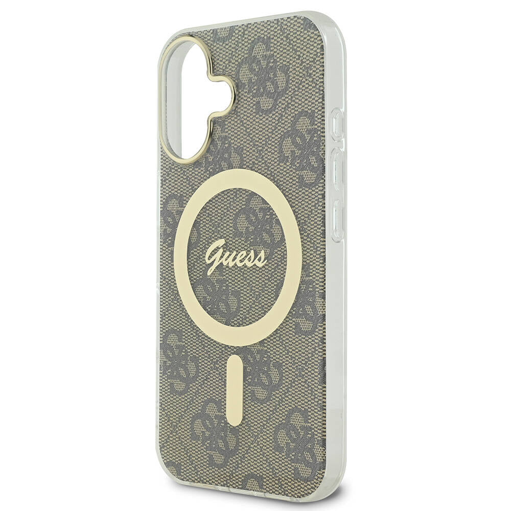 Apple iPhone 16 Plus Kılıf Guess Orjinal Lisanslı M-safe Şarj Özellikli Yazı Logolu 4G Desenli Kapak Kahverengi