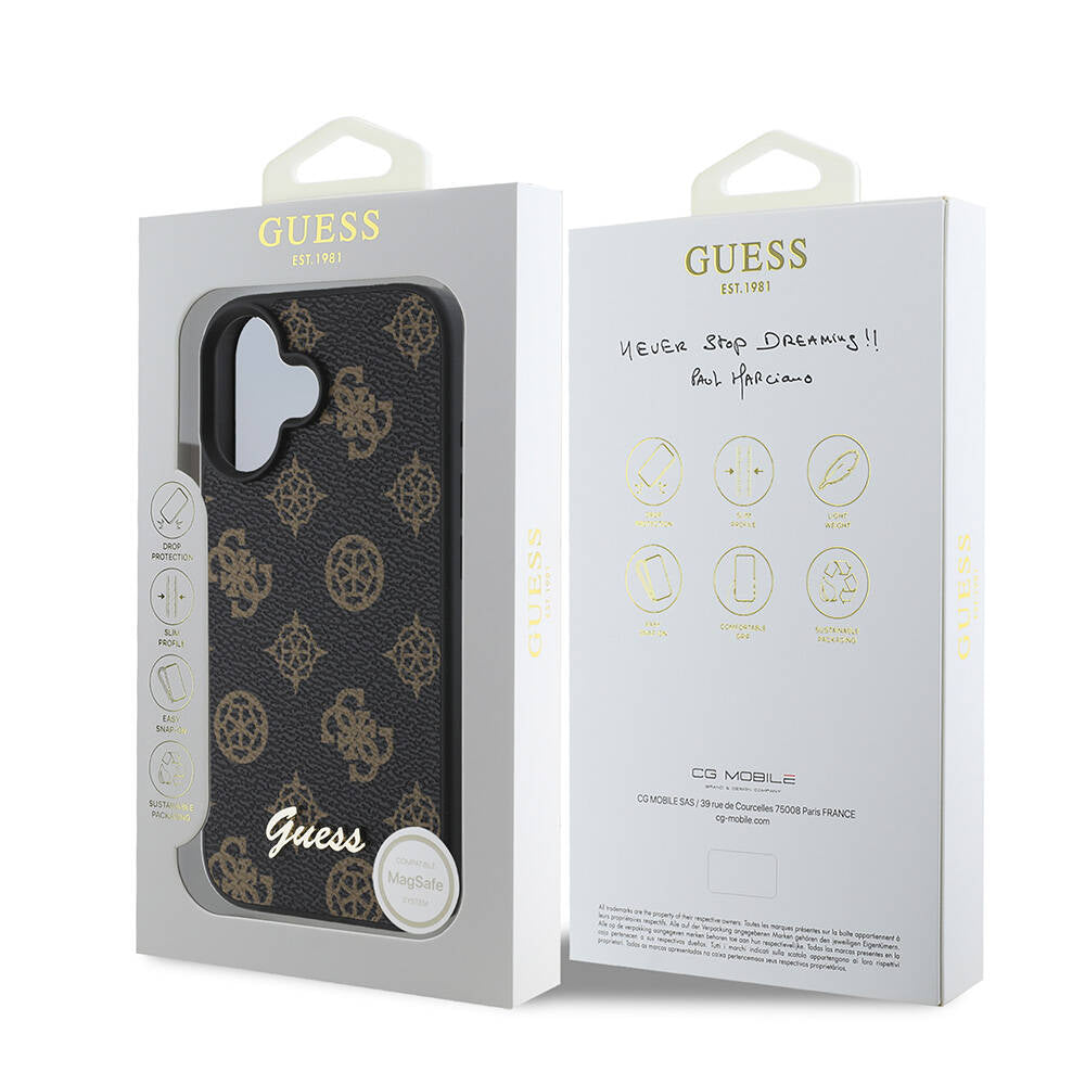 Apple iPhone 16 Plus Kılıf Guess Orjinal Lisanslı M-safe Şarj Özellikli Yazı Logolu Peony Kapak Siyah