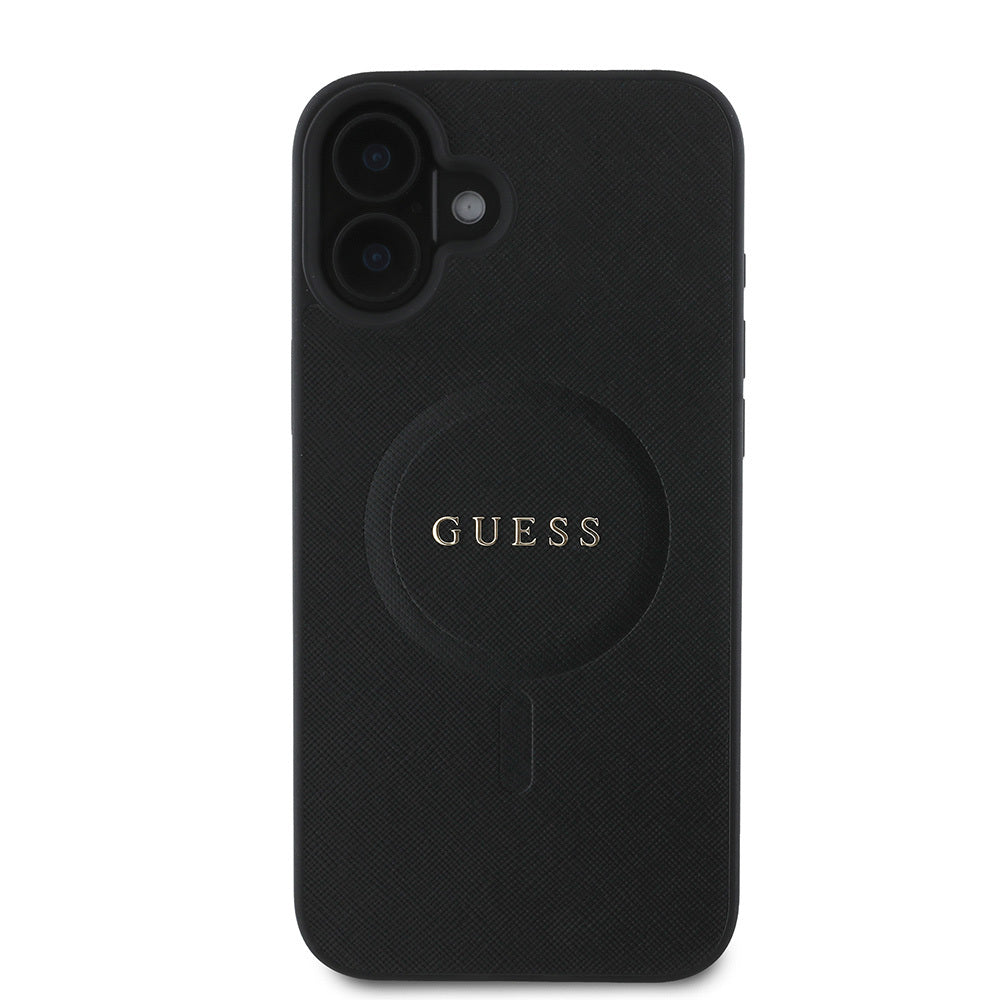 Apple iPhone 16 Plus Kılıf Guess Orjinal Lisanslı M-safe Şarj Özellikli Yazı Logolu Saffiano Classic Kapak Siyah