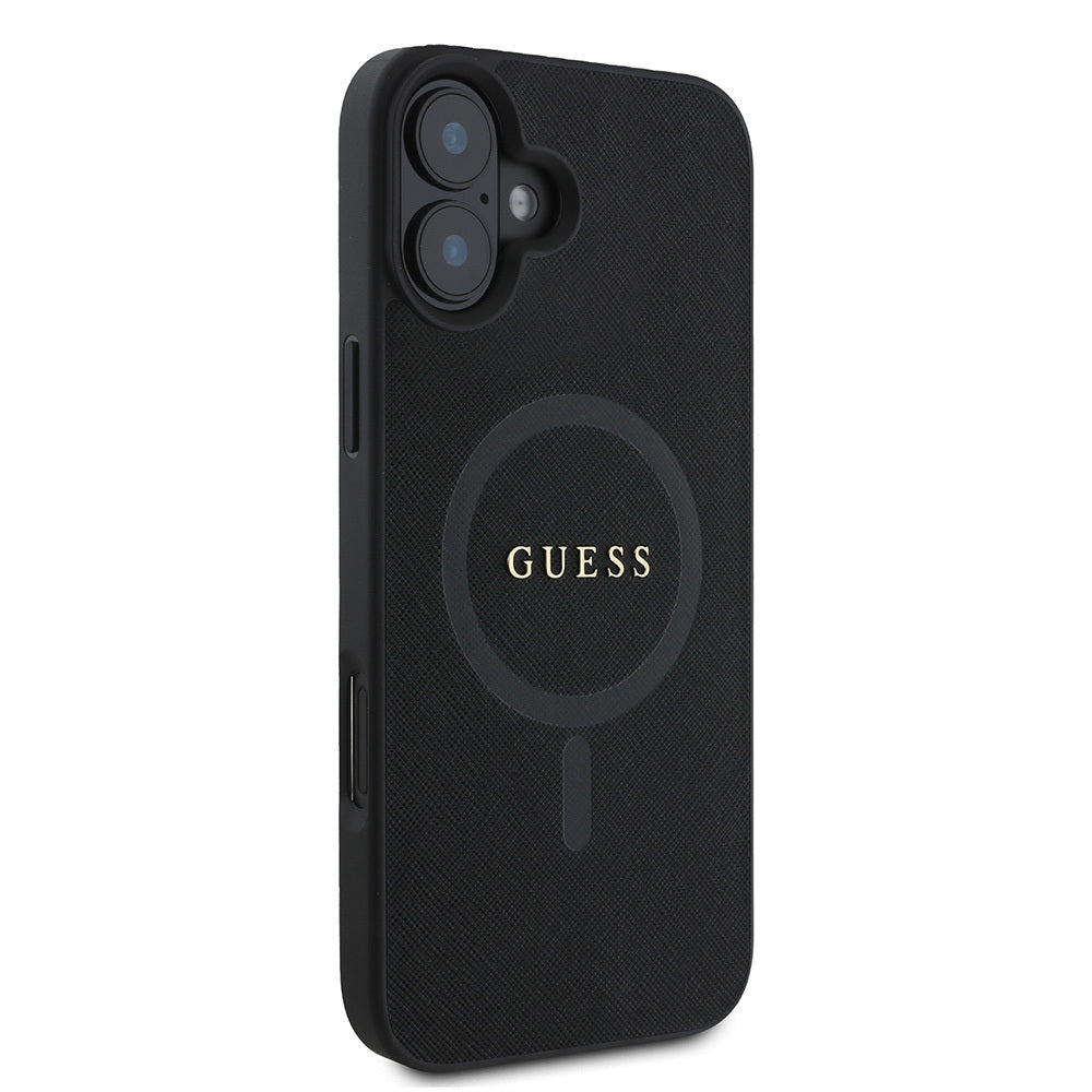 Apple iPhone 16 Plus Kılıf Guess Orjinal Lisanslı M-safe Şarj Özellikli Yazı Logolu Saffiano Classic Kapak Siyah