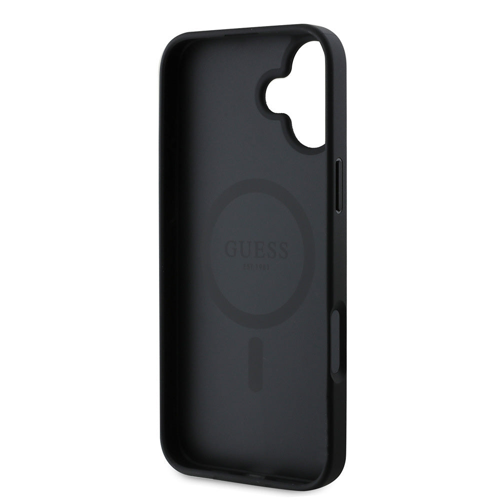 Apple iPhone 16 Plus Kılıf Guess Orjinal Lisanslı M-safe Şarj Özellikli Yazı Logolu Saffiano Classic Kapak Siyah