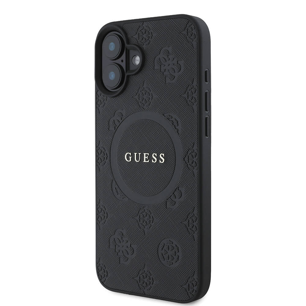 Apple iPhone 16 Plus Kılıf Guess Orjinal Lisanslı M-safe Şarj Özellikli Yazı Logolu Saffiano Peony Kapak Siyah