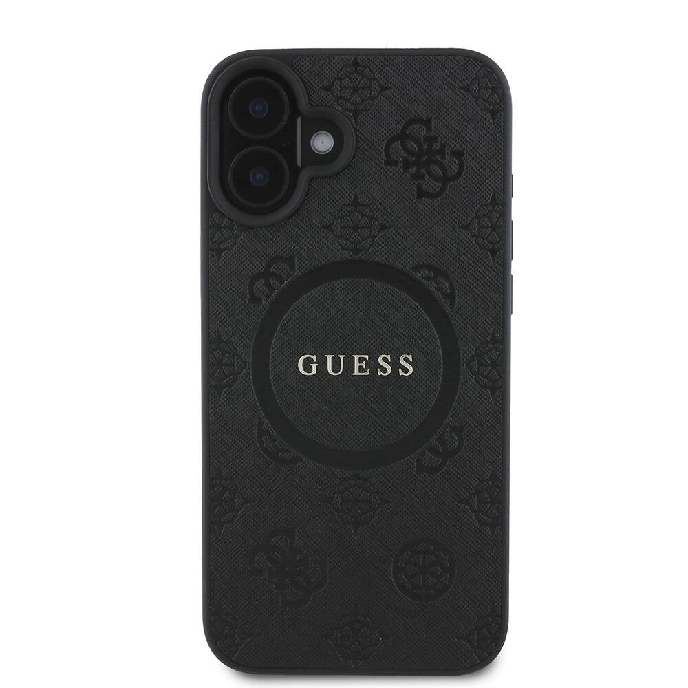 Apple iPhone 16 Plus Kılıf Guess Orjinal Lisanslı M-safe Şarj Özellikli Yazı Logolu Saffiano Peony Kapak Siyah