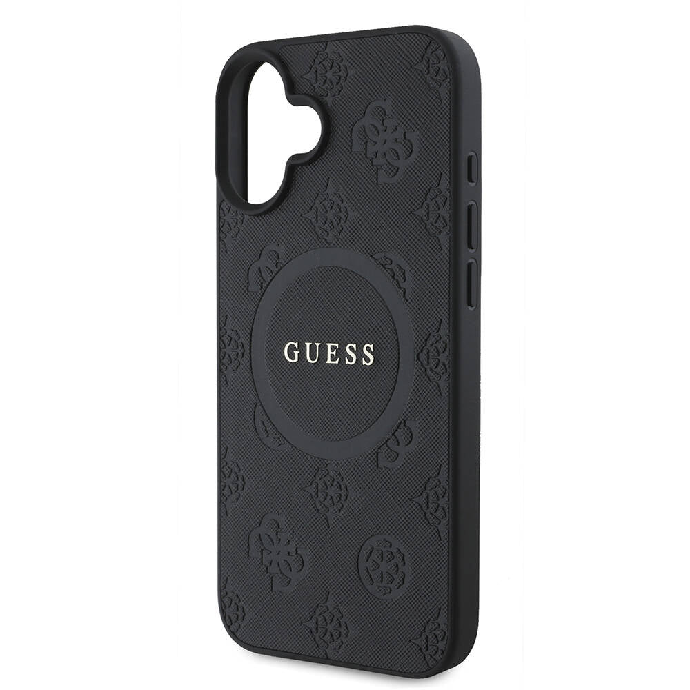 Apple iPhone 16 Plus Kılıf Guess Orjinal Lisanslı M-safe Şarj Özellikli Yazı Logolu Saffiano Peony Kapak Siyah