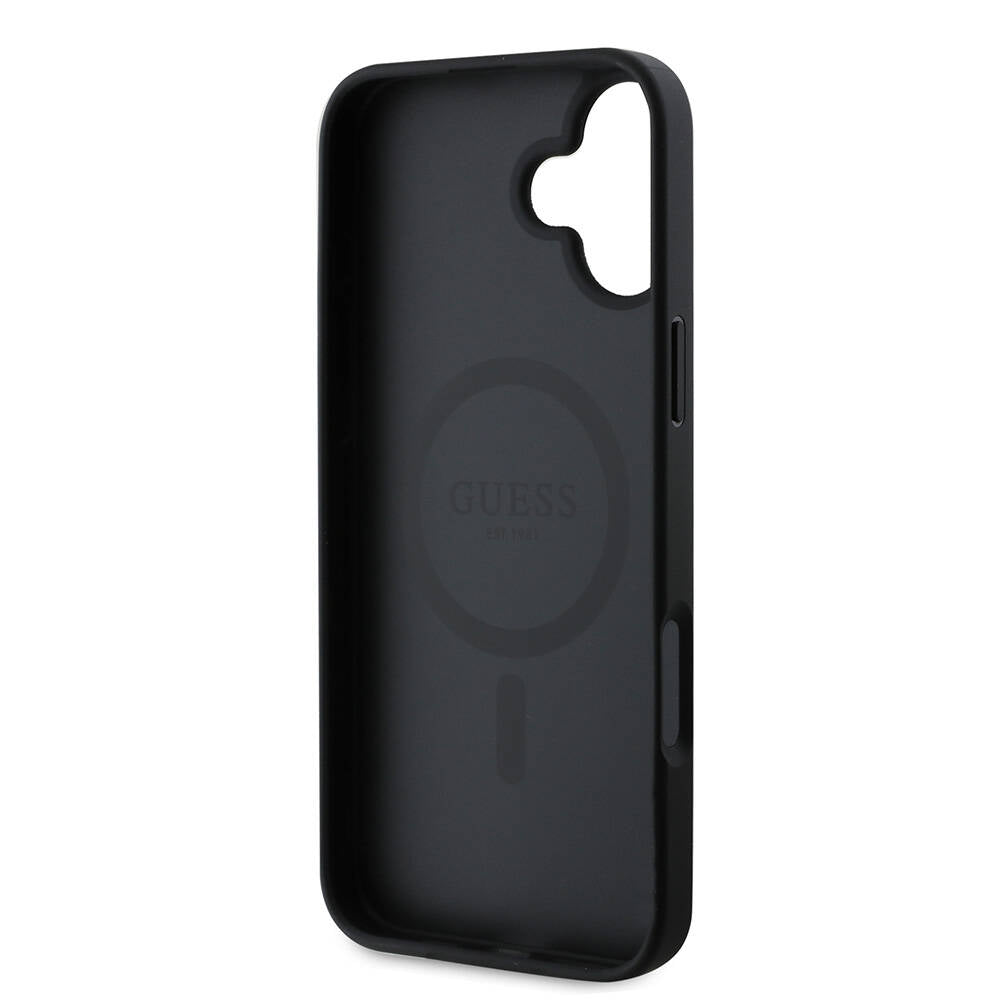 Apple iPhone 16 Plus Kılıf Guess Orjinal Lisanslı M-safe Şarj Özellikli Yazı Logolu Saffiano Peony Kapak Siyah
