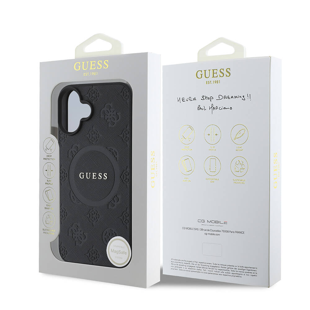 Apple iPhone 16 Plus Kılıf Guess Orjinal Lisanslı M-safe Şarj Özellikli Yazı Logolu Saffiano Peony Kapak Siyah