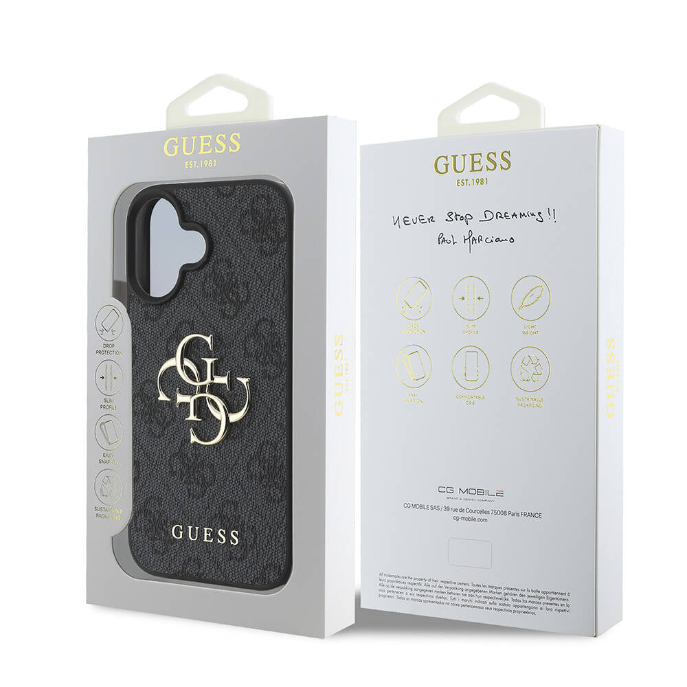 Apple iPhone 16 Plus Kılıf Guess Orjinal Lisanslı PU Deri 4G Desenli Metal Büyük 4G ve Yazı Logolu Kapak Kahverengi