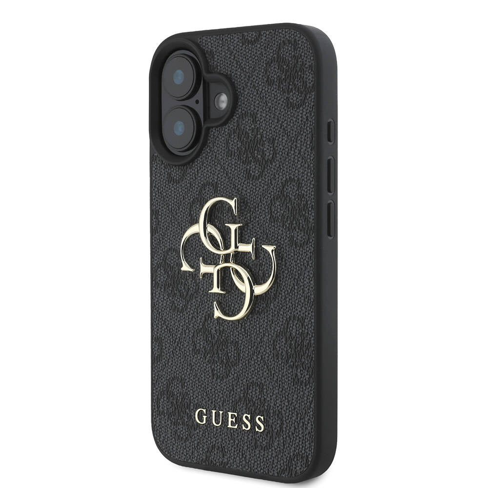 Apple iPhone 16 Plus Kılıf Guess Orjinal Lisanslı PU Deri 4G Desenli Metal Büyük 4G ve Yazı Logolu Kapak Kahverengi
