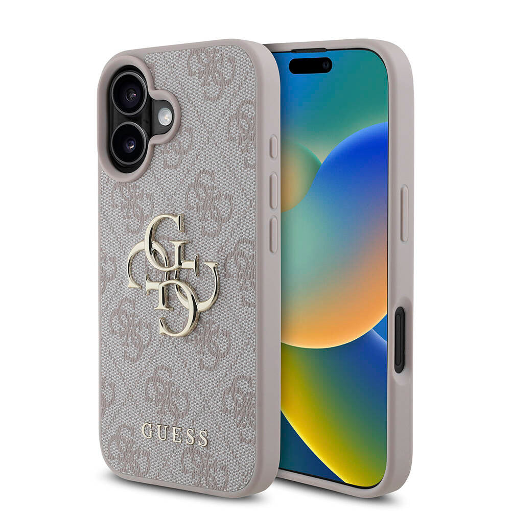 Apple iPhone 16 Plus Kılıf Guess Orjinal Lisanslı PU Deri 4G Desenli Metal Büyük 4G ve Yazı Logolu Kapak Kahverengi