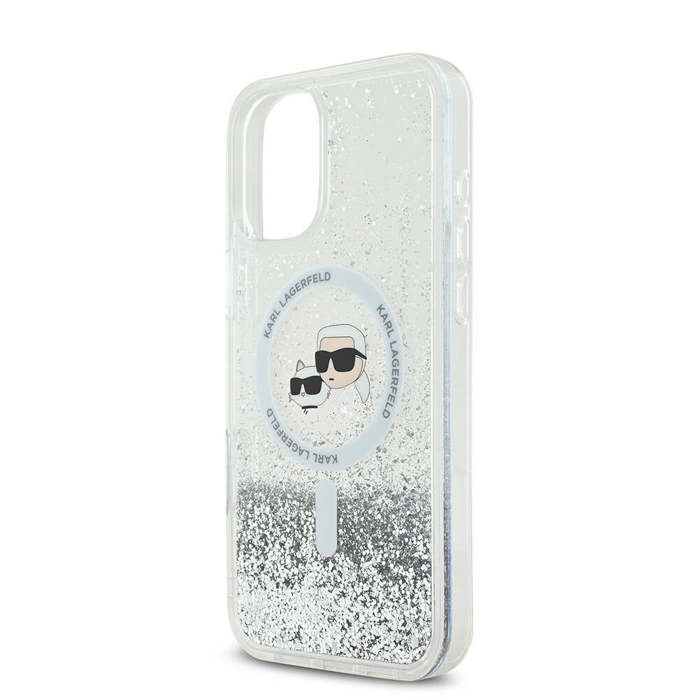 Apple iPhone 16 Plus Kılıf Karl Lagerfeld Orjinal Lisanslı M-safe Şarj Özellikli Sıvılı Simli K&C Heads Kapak Şeffaf