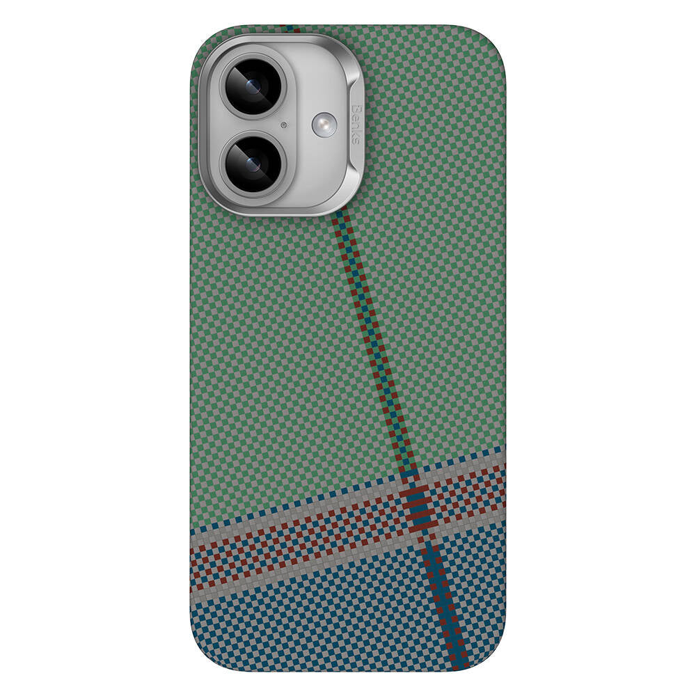 Apple iPhone 16 Plus Kılıf M-safe Şarj Özellikli Karbon Fiber Tasarımlı Benks Passion Green ArmorAir Kevlar Kapak Yeşil