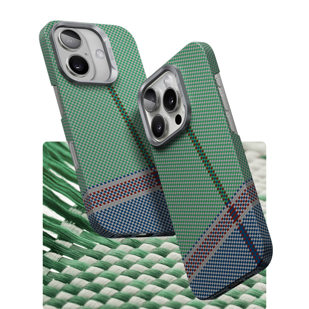 Apple iPhone 16 Plus Kılıf M-safe Şarj Özellikli Karbon Fiber Tasarımlı Benks Passion Green ArmorAir Kevlar Kapak Yeşil