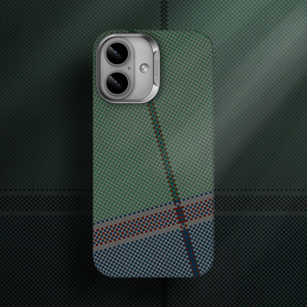Apple iPhone 16 Plus Kılıf M-safe Şarj Özellikli Karbon Fiber Tasarımlı Benks Passion Green ArmorAir Kevlar Kapak Yeşil