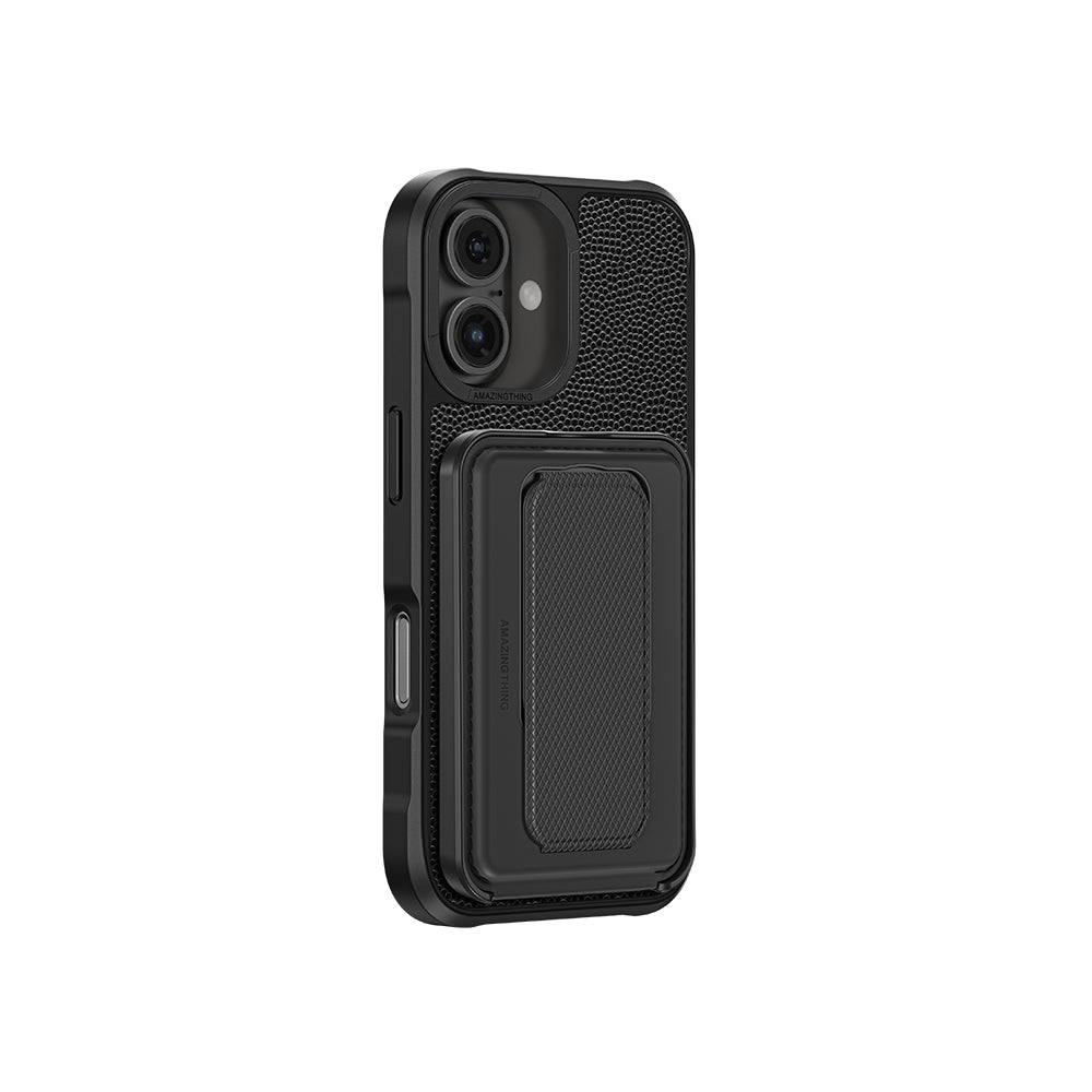 Apple iPhone 16 Plus Kılıf M-safe Şarj Özellikli Standlı Kartlıklı Set Amazinghing Glamour Luxe Serisi Kapak Siyah
