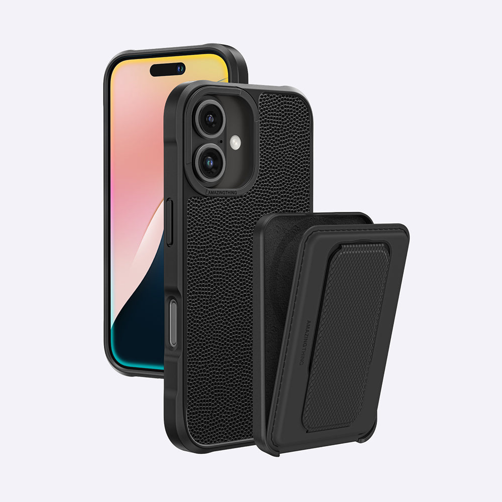 Apple iPhone 16 Plus Kılıf M-safe Şarj Özellikli Standlı Kartlıklı Set Amazinghing Glamour Luxe Serisi Kapak Siyah