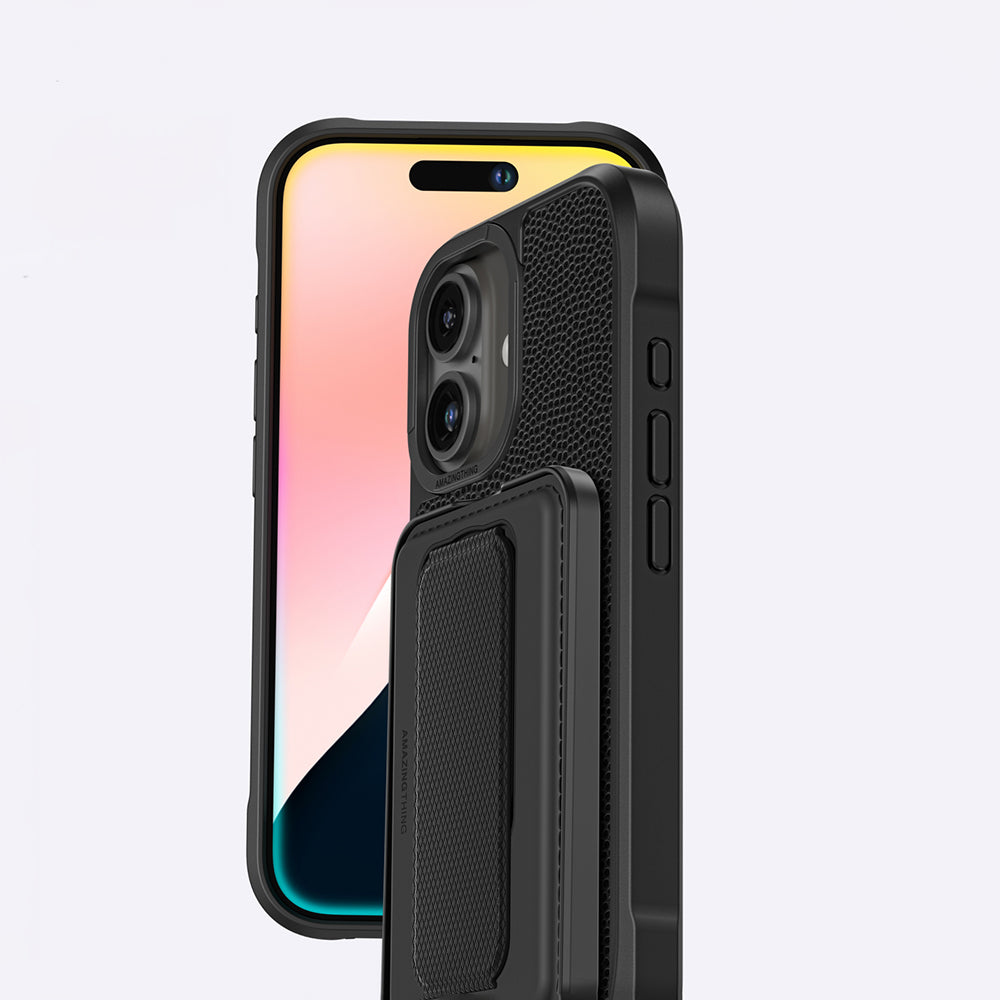Apple iPhone 16 Plus Kılıf M-safe Şarj Özellikli Standlı Kartlıklı Set Amazinghing Glamour Luxe Serisi Kapak Siyah