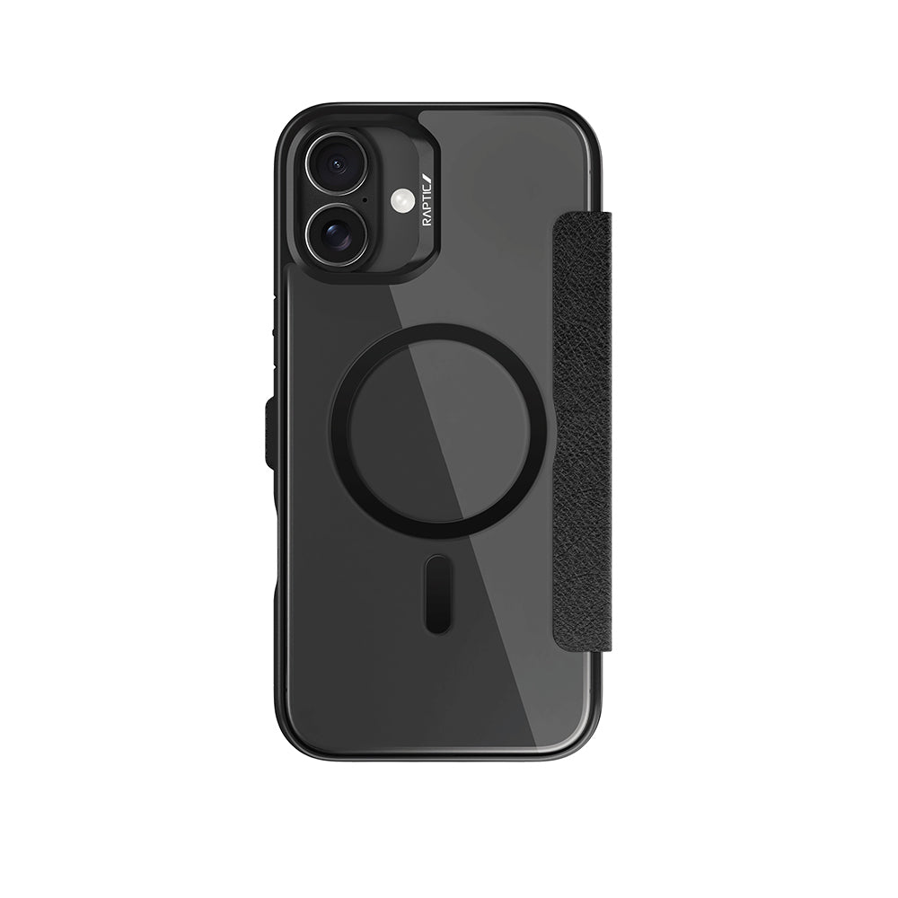 Apple iPhone 16 Plus Kılıf M-safe Şarj Özellikli Vegan Deri Tasarımlı Şeffaf Arka Yüzey Kartlıklı Raptic Urban Folio Serisi Kapak Siyah