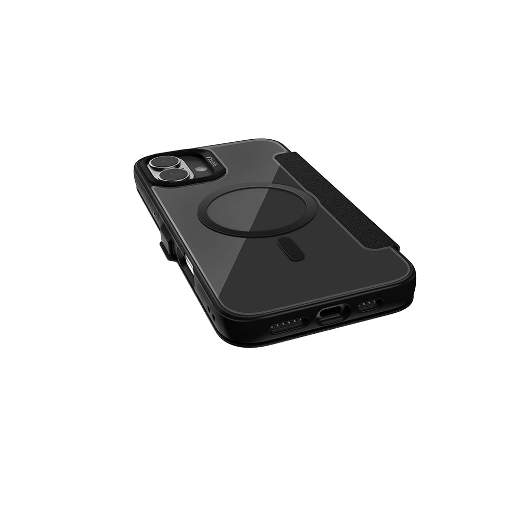Apple iPhone 16 Plus Kılıf M-safe Şarj Özellikli Vegan Deri Tasarımlı Şeffaf Arka Yüzey Kartlıklı Raptic Urban Folio Serisi Kapak Siyah