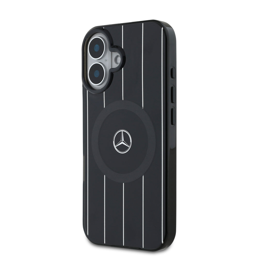 Apple iPhone 16 Plus Kılıf Mercedes Benz Orjinal Lisanslı M-safe Şarj Özellikli Çift Katmanlı Paralel Çizgi Desenli Kapak Siyah