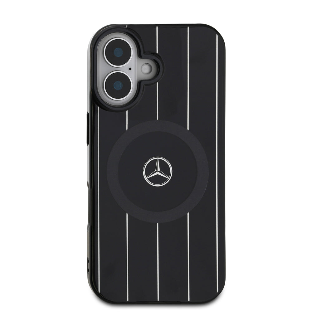 Apple iPhone 16 Plus Kılıf Mercedes Benz Orjinal Lisanslı M-safe Şarj Özellikli Çift Katmanlı Paralel Çizgi Desenli Kapak Siyah