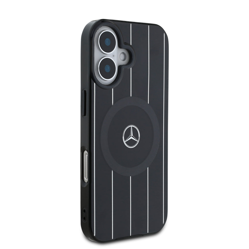 Apple iPhone 16 Plus Kılıf Mercedes Benz Orjinal Lisanslı M-safe Şarj Özellikli Çift Katmanlı Paralel Çizgi Desenli Kapak Siyah