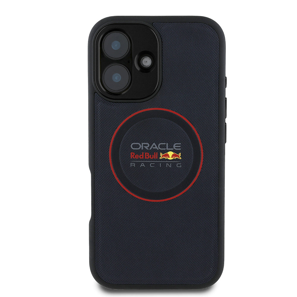 Apple iPhone 16 Plus Kılıf Redbull Orjinal Lisanslı M-safe Şarj Özellikli Kırmızı Halka ve Logo Kabartmalı PU Deri Kapak Lacivert