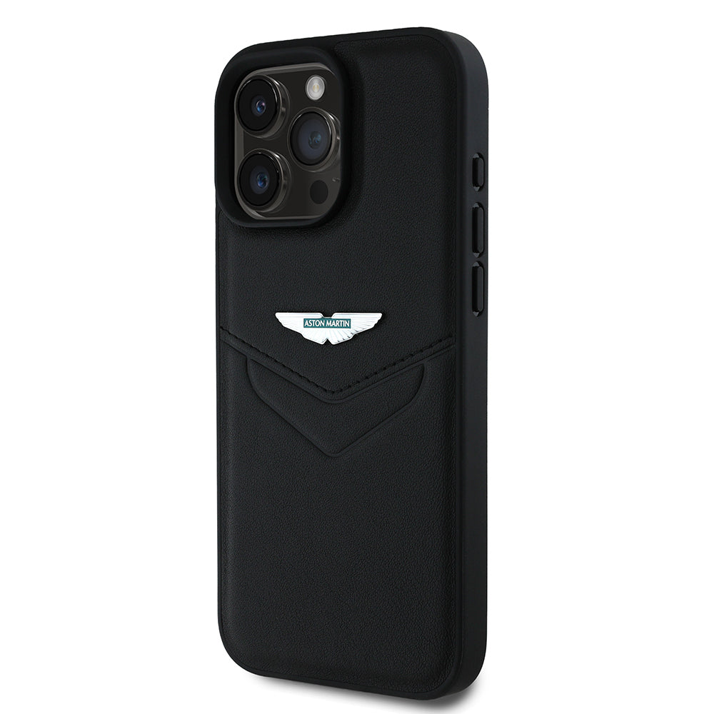 Apple iPhone 16 Pro Kılıf Aston Martin Orjinal Lisanslı Victory Dizayn PU Deri Metal Logolu Kapak Siyah