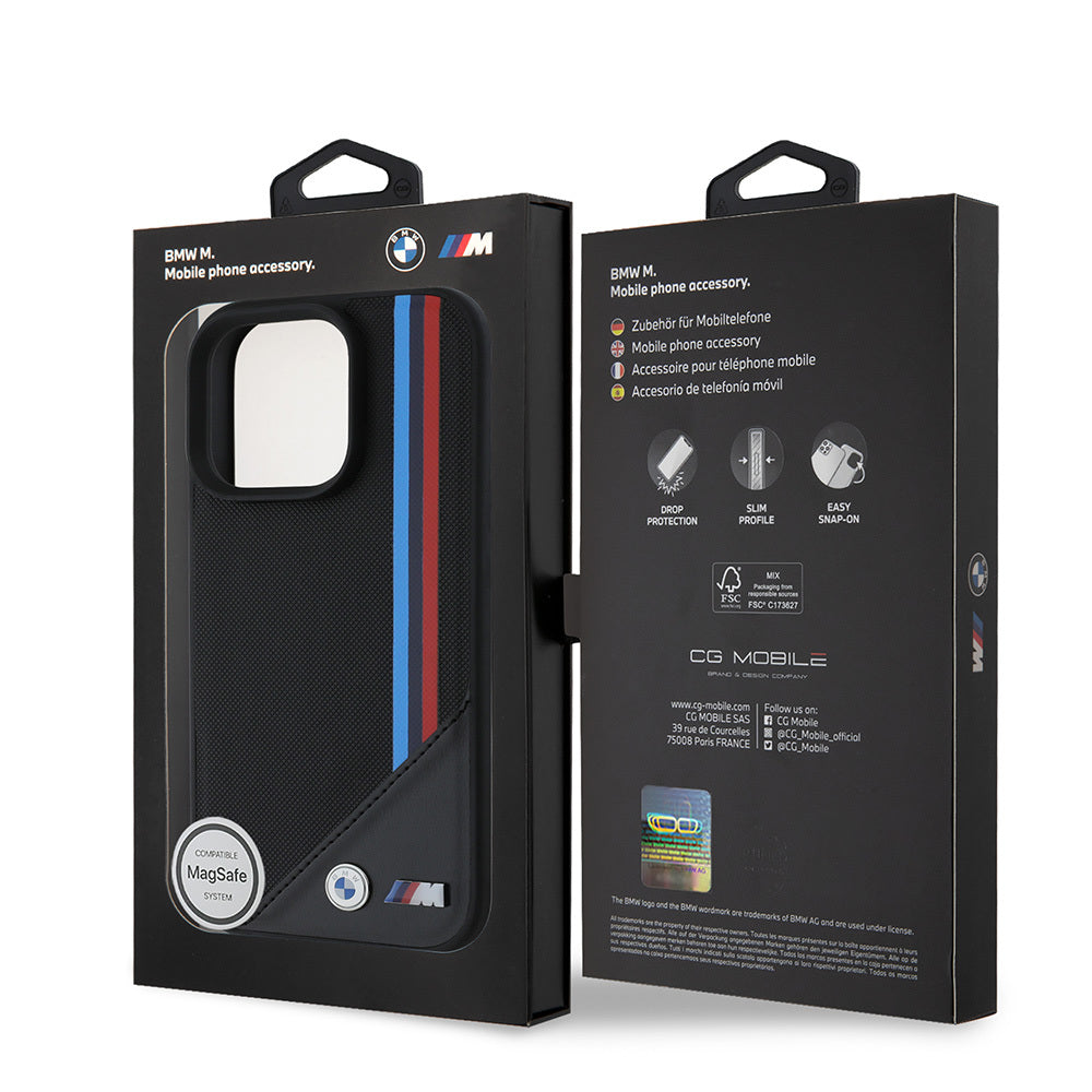 Apple iPhone 16 Pro Kılıf BMW Orjinal Lisanslı M-safe Şarj Özellikli M Logolu Üç Çizgili Dikiş Detaylı Meshed Tricolor Stripes Kapak Siyah