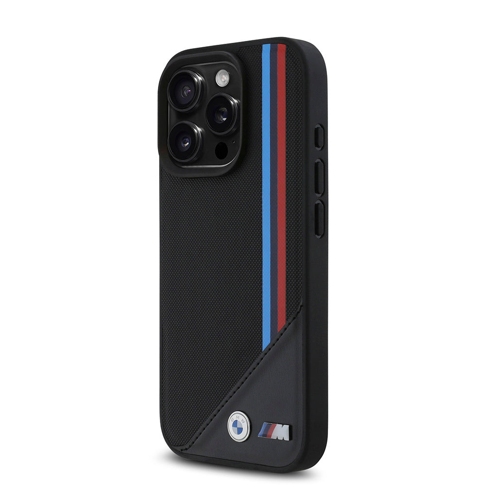 Apple iPhone 16 Pro Kılıf BMW Orjinal Lisanslı M-safe Şarj Özellikli M Logolu Üç Çizgili Dikiş Detaylı Meshed Tricolor Stripes Kapak Siyah
