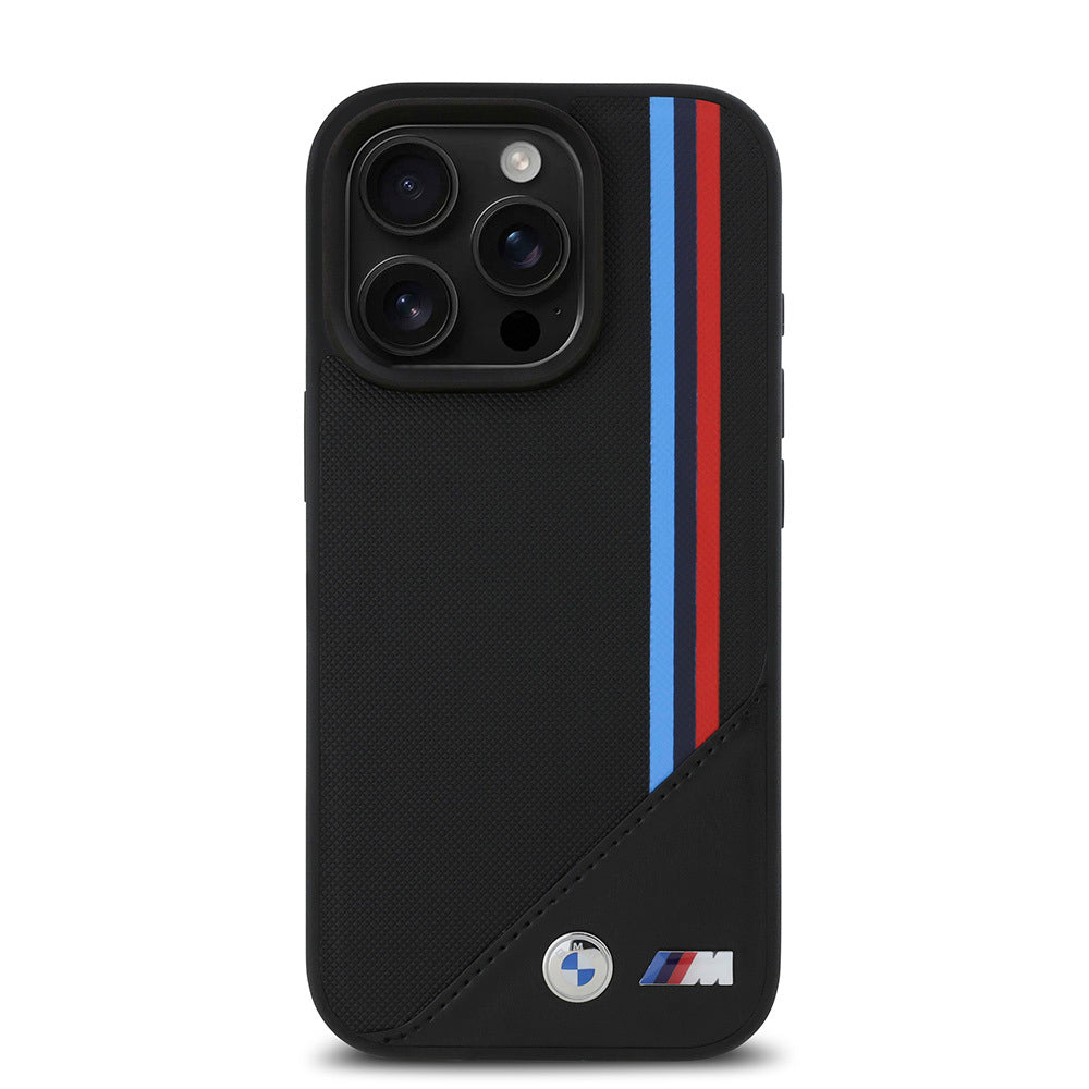 Apple iPhone 16 Pro Kılıf BMW Orjinal Lisanslı M-safe Şarj Özellikli M Logolu Üç Çizgili Dikiş Detaylı Meshed Tricolor Stripes Kapak Siyah