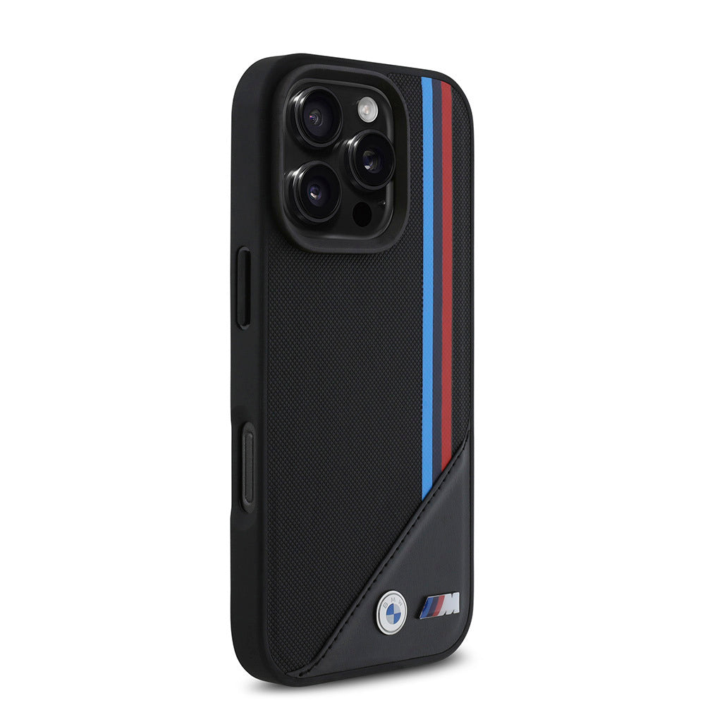 Apple iPhone 16 Pro Kılıf BMW Orjinal Lisanslı M-safe Şarj Özellikli M Logolu Üç Çizgili Dikiş Detaylı Meshed Tricolor Stripes Kapak Siyah