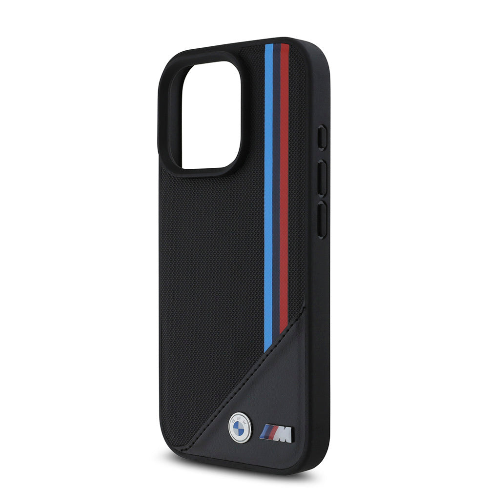 Apple iPhone 16 Pro Kılıf BMW Orjinal Lisanslı M-safe Şarj Özellikli M Logolu Üç Çizgili Dikiş Detaylı Meshed Tricolor Stripes Kapak Siyah