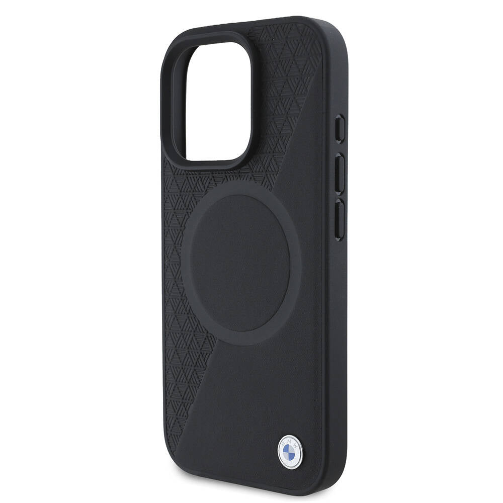 Apple iPhone 16 Pro Kılıf BMW Orjinal Lisanslı M-safe Şarj Özellikli Metal Logolu Yarım Dokulu Circle Deri Kapak Siyah